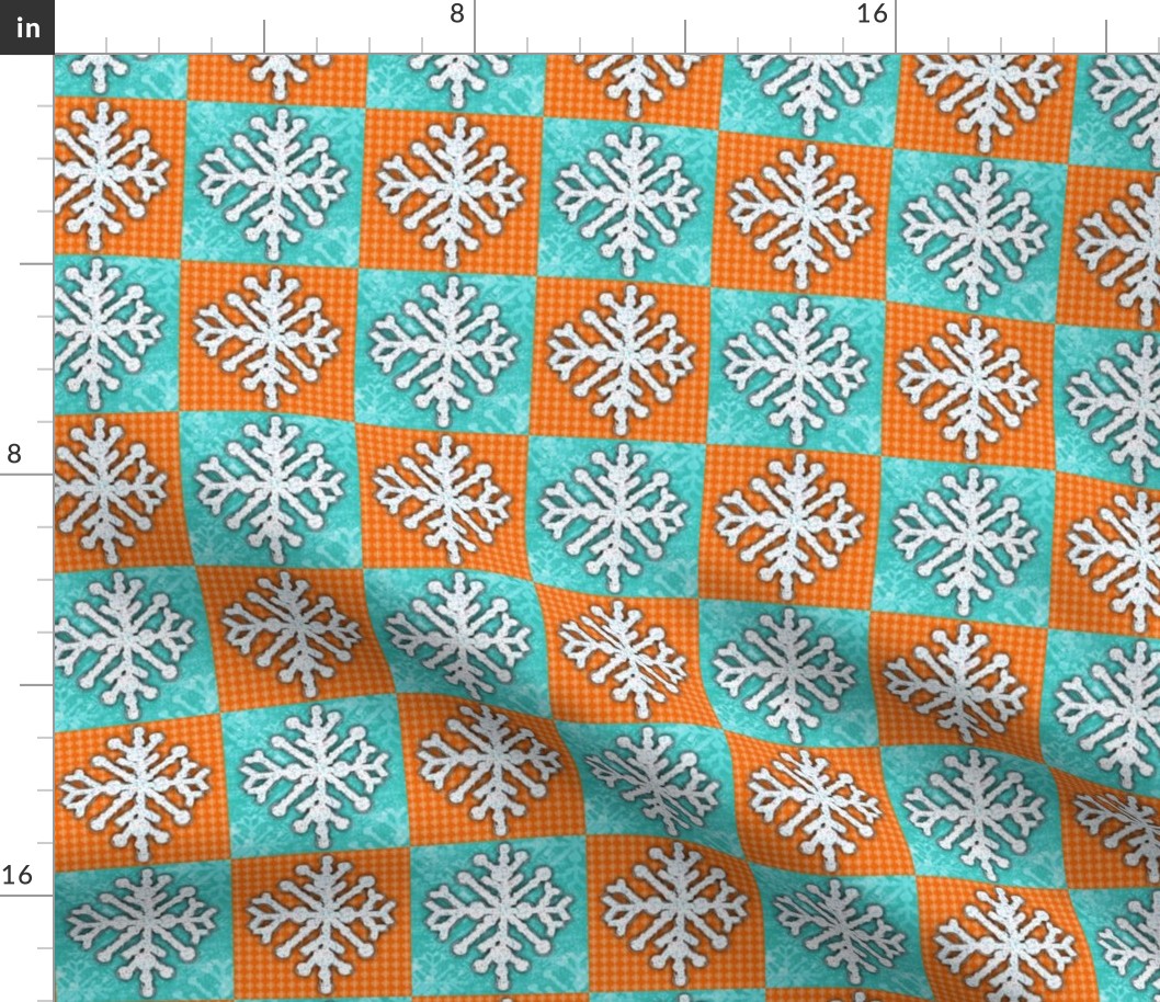 Checkered Tangelo Orange-Teal Snowflake 6x6