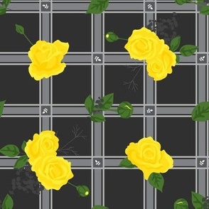 Yellow roses on the background of the cage.