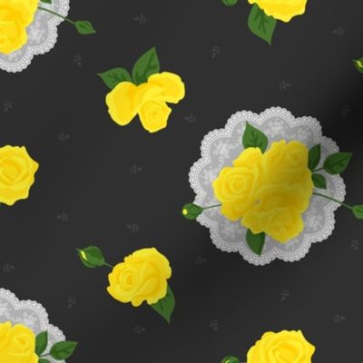 Yellow roses on lace doilies on a dark background.