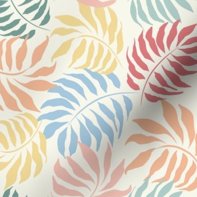 Multicoloured tropical leaves, beachwear fabric, swimwear fabric, summer fabric