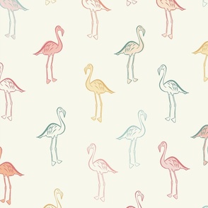 Colourful Flamingos on cream 