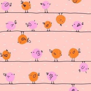 Polka Dots Little Birds on a Wire Doodle | Orange and Pink