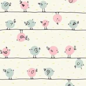 Polka Dots Little Birds on a Wire Doodle | Green and Pink