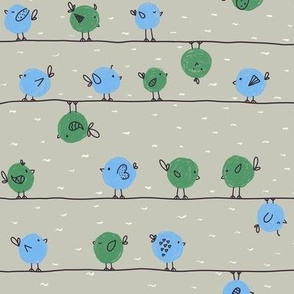 Polka Dots Little Birds on a Wire Doodle | Green and Blue
