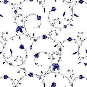Blue and white. Openwork curls, flowers and branches.