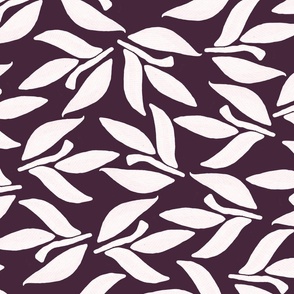 Laurel sprig, White leaves on dark burgundy background
