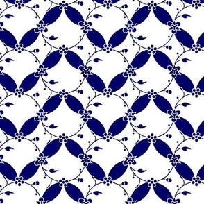 Blue and white floral and geometric pattern.