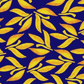 Laurel sprig, Yellow leaves on dark blue background