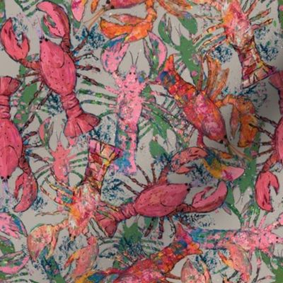 ditsy pink and green lobsters on beige