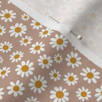 Joyful White Daisies - Ditsy Scale - Soft Tan Brown Pastel Boho Cottagecore