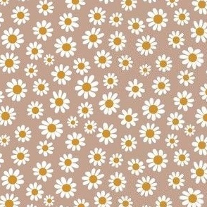 Joyful White Daisies - Ditsy Scale - Soft Tan Brown Pastel Boho Cottagecore