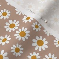 Joyful White Daisies - Small Scale - Soft Tan Brown Pastel Boho Cottagecore