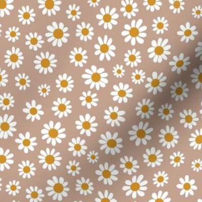 Joyful White Daisies - Small Scale - Soft Tan Brown Pastel Boho Cottagecore