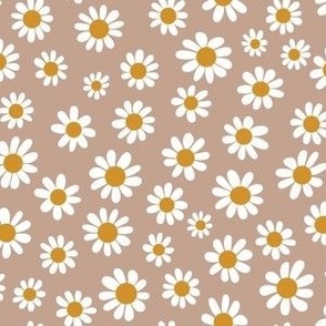 Joyful White Daisies - Small Scale - Soft Tan Brown Pastel Boho Cottagecore