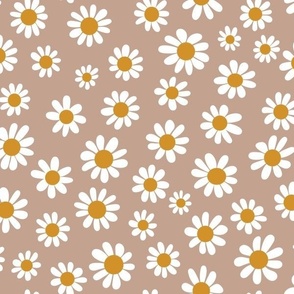 Joyful White Daisies - Medium Scale - Soft Tan Brown Pastel Boho Cottagecore