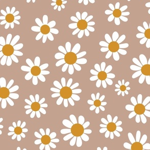 Joyful White Daisies - Large Scale - Soft Tan Brown Pastel Boho Cottagecore