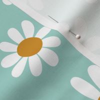 Joyful White Daisies - Large Scale - Mint Green Pastel Boho Cottagecore