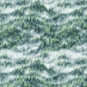 Watercolor Winter Misty Forest - Ditsy Scale - PNW Evergreen Pine Trees Fog Foggy