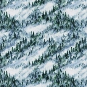 Watercolor Winter Misty Forest - Ditsy Scale - PNW Evergreen Pine Trees Snow