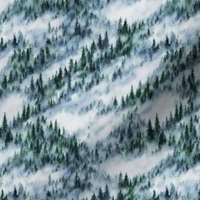 Watercolor Winter Misty Forest - Small Scale - PNW Evergreen Pine Trees Snow