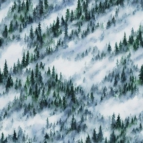 Watercolor Winter Misty Forest - Medium Scale - PNW Evergreen Pine Trees Snow