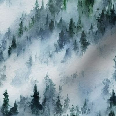 Watercolor Winter Misty Forest - Large Scale - PNW Evergreen Pine Trees Snow