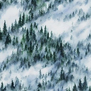 Watercolor Winter Misty Forest - Large Scale - PNW Evergreen Pine Trees Snow