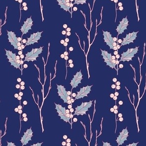 Christmas plants with white berries on dark blue