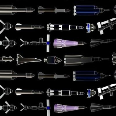 Space Rockets and Spaceships in row black outlines