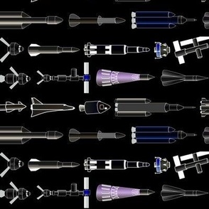 Space Rockets and Spaceships in row black outlines