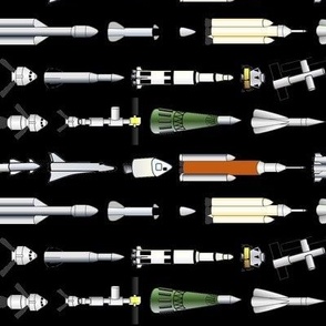 Space Rockets and Spaceships in row, black bg full