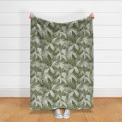 ART DECO TROPICALE - VINTAGE MOSS GREEN AND WHITE, LARGE SCALE