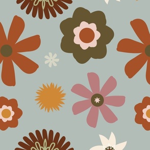 Retro Flowers with Rust Orange, Dusty Rose and Olive Green (Large)