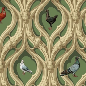 Art Nouveau Pidgeons and Doves (green background) 