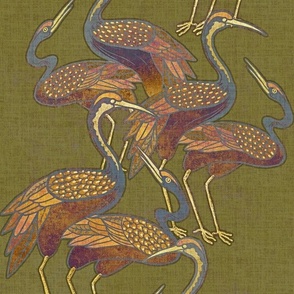 Deco Cranes, Golden Earthen Olive. 12.00in x 17.78in repeat scale