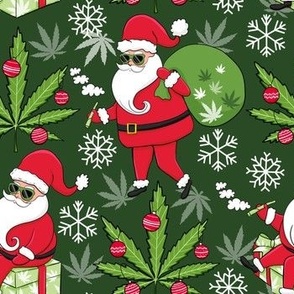 Cute cannabis Santa Claus , funny Christmas fabric dark green WB22