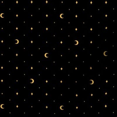 Tiny Moons and Stars Gold on Black