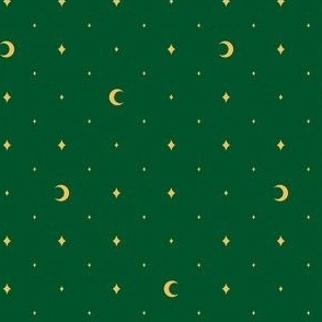 Tiny Moons and Stars Gold on Dark Green