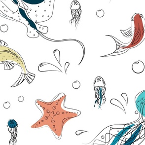 Hand Drawn Sketched Painted Underwater Sealife Stingray Manta ray Jellyfish Starfish