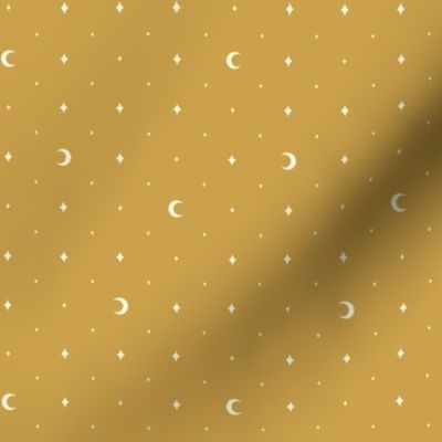 Tiny Moons and Stars White on Mustard Yellow