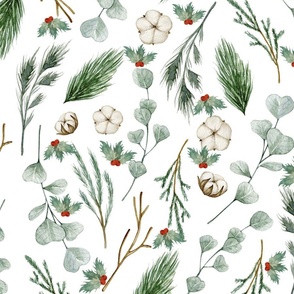 Watercolor eucalyptus branches and holly berries Pattern