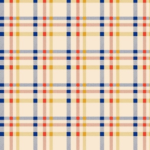 Retro Tweed check plaid- blue red yellow on beige