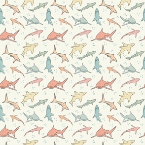 Retro Pastel sharks on cream, nursery fabric, childrens room fabric, beachwear fabric