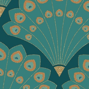 Art Deco Peacock - Dark Teal Gold Faux Glitter Large Scale