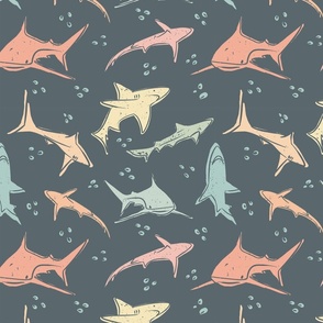 Pastel sharks blue background, children beach wear fabric, children's room fabric