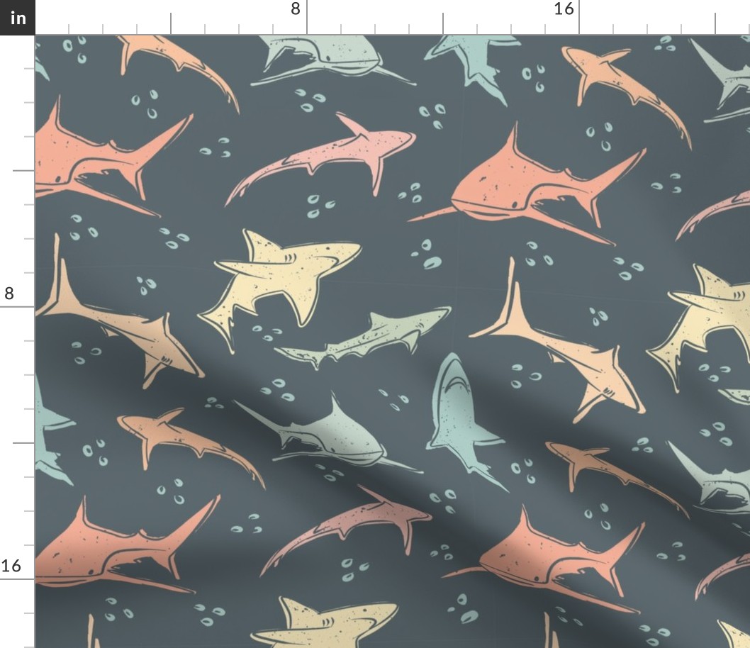 Pastel sharks blue background, children beach wear fabric, children's room fabric