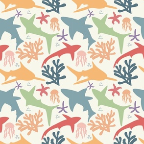 Sharks block print multicoloured bright colours. children's room decor, children's wear fabric, swimwear fabric