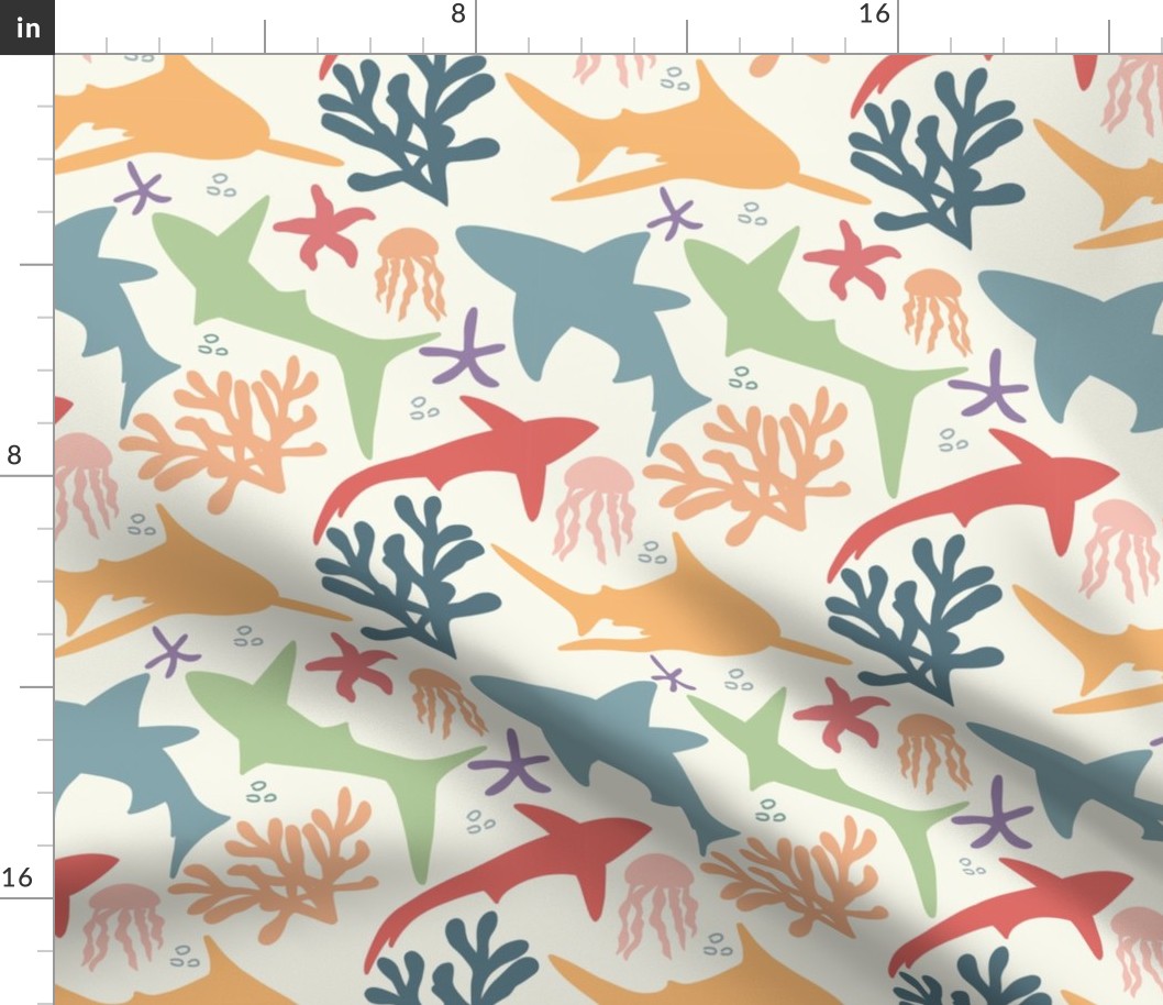 Sharks block print multicoloured bright colours. children's room decor, children's wear fabric, swimwear fabric