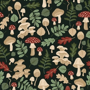 Mushrooms and Fall Leaves on Dark Background