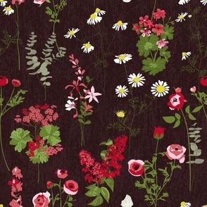 Loose wild flowers on a dark burgundy background